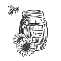 Wooden barrel of honey, bee and flowers. Vintage Hand drawn engraving style illustrations isolated on background. Monochrome black and white ink sketch