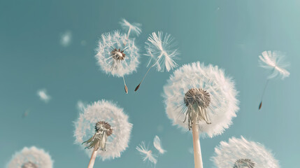 Dandelion seeds blowing away in the wind on a blue sky background, with copy space for text or design. Spring holiday concept