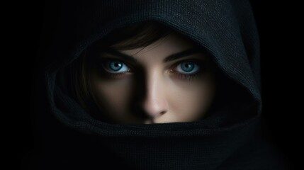 a woman wearing a dark hoodie that covered most of her head. The background of this image is also...