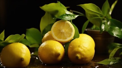 Bright yellow fresh lemon, surrounded by green leaves and water droplets, on a dark background.