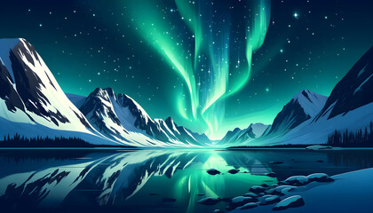 Northern Lights Over Snowy Mountains and Lake