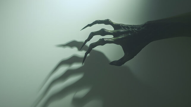 big monster claw shadow on wall Horror hand shadow on a white background copy space : Generative AI