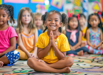 A group of multiethnic children in colorful sitting on yoga mats, smiling and playing together in...