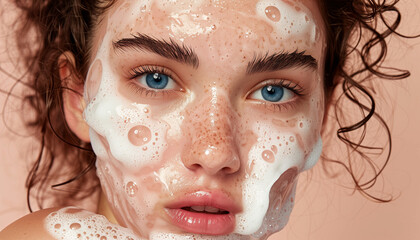 Closeup of a young woman's face with a natural foamy facial cleanser, highlighting her vibrant blue eyes and clear skin in celebration of national clean beauty day