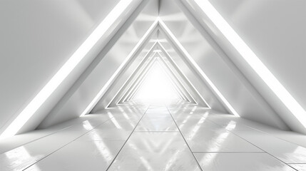 Empty Long Light Corridor. Modern white background. Futuristic Sci-Fi Triangle Tunnel. 3D Rendering.