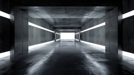 Futuristic Concrete Grunge Reflective Dark Empty Tunnel Corridor Spaceship Alien Underground White Glow Window Lights Hall Garage 3D Rendering.
