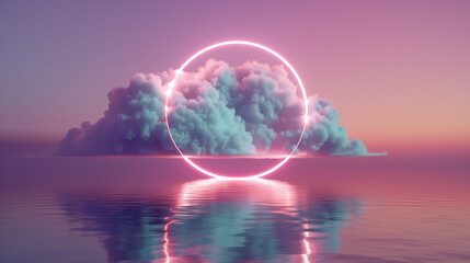 3d render, abstract background with pink cloud levitating inside bright glowing ring, round neon frame, with reflection in the water. Minimal futuristic seascape .
