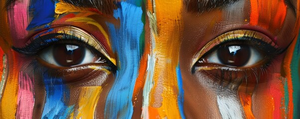 Obraz premium Macro shot highlighting a person's eyes with colorful abstract face paint