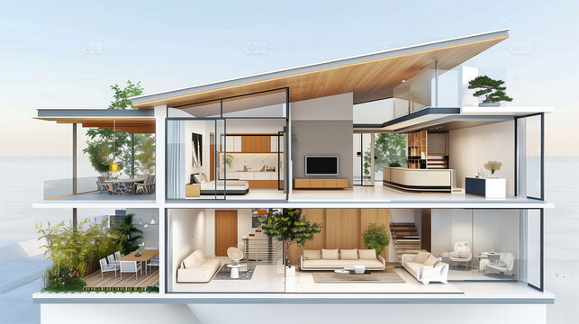  Modern home cross section, 3d rendering