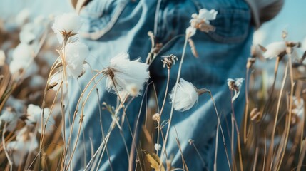 A serene depiction of white wildflowers against the backdrop of eco-friendly denim, symbolizing sustainable fashion and nature's beauty.