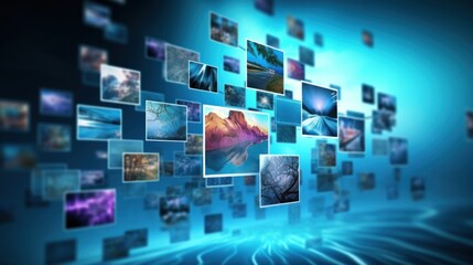 a collection of digital photos floating in the air against a blue sky background. Each photo features a variety of scenes, including landscapes, seascapes and other natural elements.