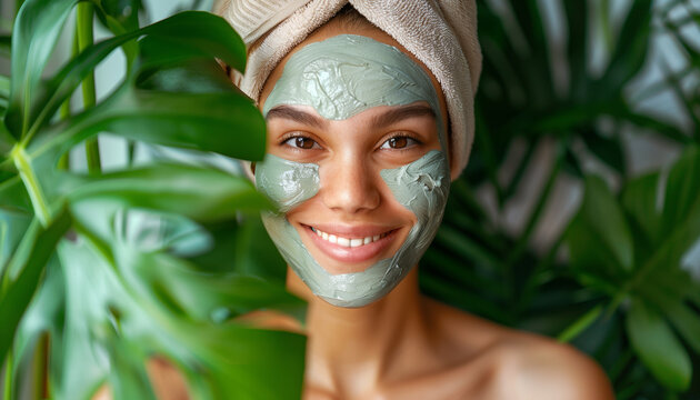 Young woman joyfully indulges in a rejuvenating clay face mask on national clean beauty day, surrounded by lush foliage, embracing ecoconscious skincare and natural beauty - Powered by Adobe