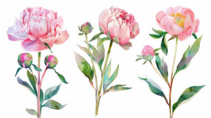 Generative ai watercolor set of pink peonies, buds, branches, green leaves and field branches with flowers