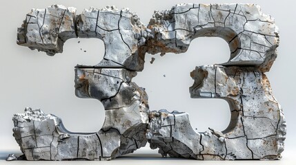 Ancient Relic Number3， 33. Cracked, Weathered 3D Concrete Digit, Mysterious Numerical Codes and Apocalyptic Symbols on White Background