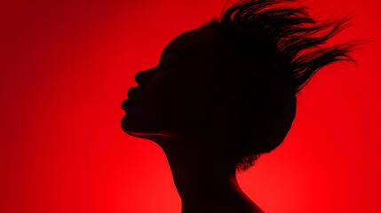 Beauty and fashion concept Sensual woman black face and neck silhouette with flying hairs in vivid red color gradient with copy space background : Generative AI