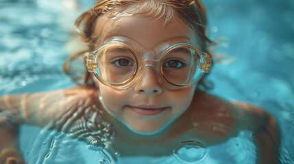 Fototapeta premium Cute girl in goggles enjoying pool time in clear blue water.