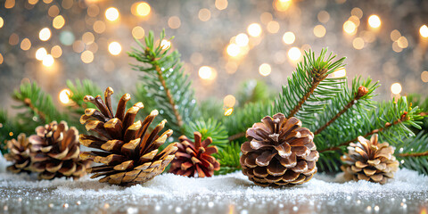 Pinecones and fir tree on sparkling background