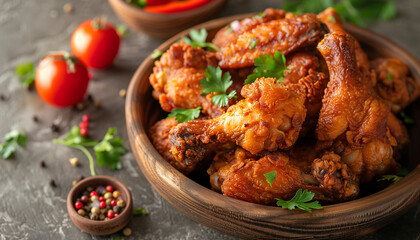 Celebrating national fried chicken day with a delectable spread of crispy fried chicken. Adorned with parsley and accompanied by fresh tomatoes and zesty condiments