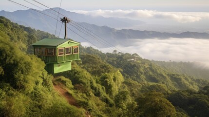 cable car passing through dense forests in the mountains. The cable car hangs on cables and appears to be moving across the natural landscape