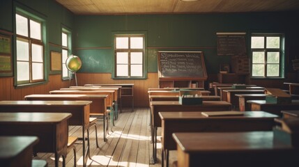 a classroom that appears to be no longer used. Sunlight shines into the room through the large windows, creating a dramatic effect with contrasting shadows and light.