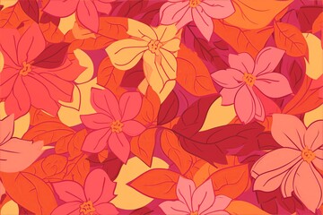 Vibrant Floral Pattern with Bold Colors and Leaves on Pink Background