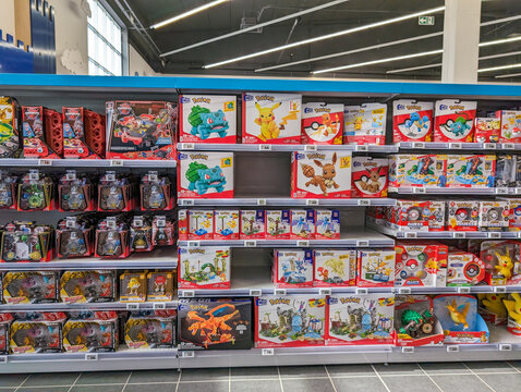 France, 26 April, 2024: Toy store aisle with Pokemon merchandise display..