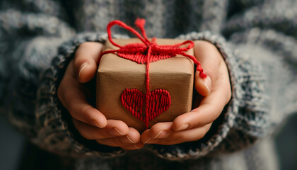 Closeup photo of hands presenting a beautifully wrapped gift with a red heart, symbolizing generosity and kindness on national give something away day