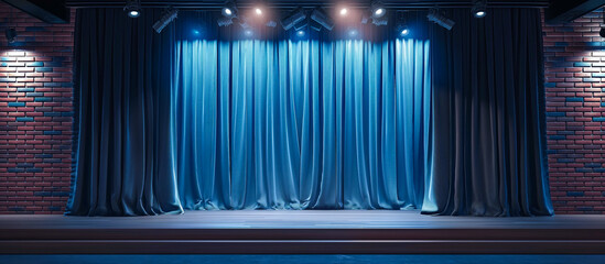 small stage concept with blue curtain and modern brick wall. theater or stand up comedy background