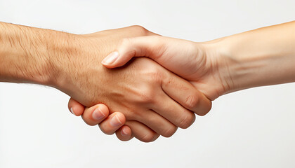 Closeup view of a firm handshake between a man and a woman, symbolizing professional agreement and partnership, in celebration of national handshake day on a neutral background
