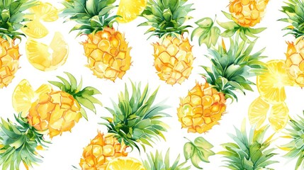 Charming Pineapple Pattern Vibrant Gouache Ornament Repeating Pineapple Design Inspired by Nature Pineapple Decor in Yellow and Green on a White Background
