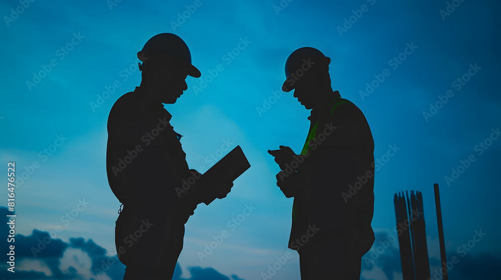 Poster silhouettes of an engineer with a tablet in his hands and a construction worker in a hard hat agains