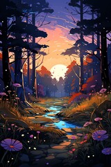 Fototapeta premium Daylight sparkle flat design side view forest theme cartoon drawing Tetradic color scheme