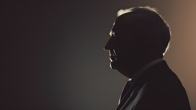 Silhouette of thoughtful elderly caucasian businessman : Generative AI