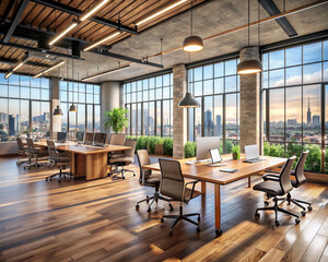A contemporary coworking space featuring polished wooden floors, minimalist concrete walls, and floor-to-ceiling panoramic windows providing an expansive view of the bustling city below.
