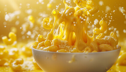 Vibrant splash of melted cheese and macaroni to celebrate national mac and cheese day, capturing the dynamic motion and deliciousness of this classic comfort food