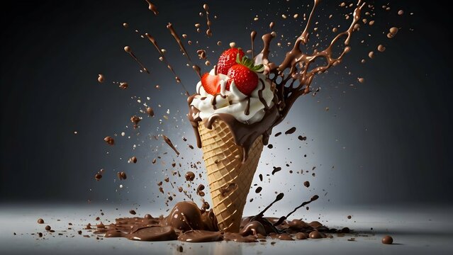 "Capture dynamic splashes of food in a flying food photography" with a single wafer cone with three exploding scoops of chocolate, strawberry and vanilla ice-cream as the main subject, showcasing spla