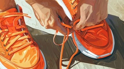 Close up view Tying orange shoes