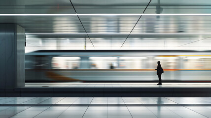 Passenger at modern train station with blurred train passing , Picutre in minimal style .