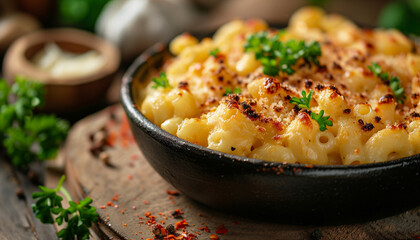 Closeup image of creamy baked macaroni and cheese in a castiron skillet, garnished with fresh parsley and paprika, set on a rustic wooden table