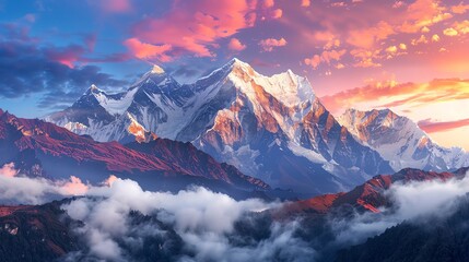 Majestic mountain range at sunrise, snow-capped peaks and misty valleys with vibrant hues in the sky - Powered by Adobe