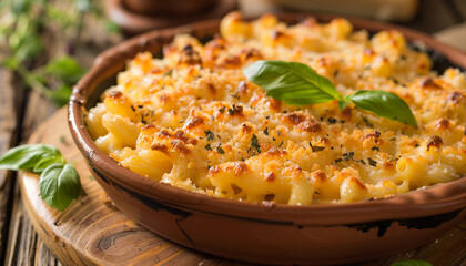 Delicious baked macaroni and cheese topped with fresh basil, presented in a charming ceramic bowl on a wooden surface, ideal for celebrating national mac and cheese day