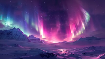 Naklejka premium Majestic northern lights over a snowy landscape, vibrant auroras dancing in the night sky