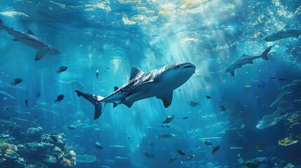 Obraz premium banner background of Fintastic Friday theme banner design for microstock, no text, and wide copy space, [A close-up of a ray's mouth and teeth, highlighting its feeding behavior]