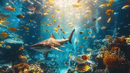 Fototapeta premium banner background of Fintastic Friday theme banner design for microstock, no text, and wide copy space, [A close-up of a ray's mouth and teeth, highlighting its feeding behavior]