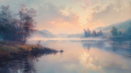 Fototapeta premium Misty riverbank at dawn, soft colors and gentle fog enveloping the landscape with a serene atmosphere