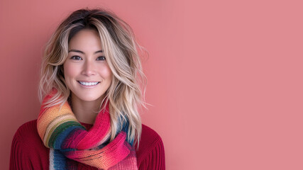 Fototapeta premium Canadian woman wearing rainbow scarf at pride event isolate