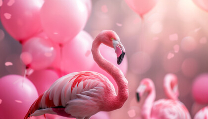Vibrant image capturing the essence of national pink day with a majestic flamingo centered among pink balloons and soft focus background flamingos, evoking celebration and the grace of nature
