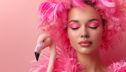 Serene portrait of a young woman adorned with pink feathers and makeup on national pink day, sharing a tender moment with a graceful flamingo against a softly hued backdrop