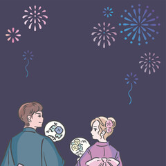 夏　浴衣　花火大会　男性　女性　カップル　デート　手描き　和風　フレーム　背景　イラスト素材