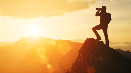 vision for success ideas businessmans perspective for future planning Silhouette of man holding binoculars on mountain peak against bright sunlight sky background : Generative AI